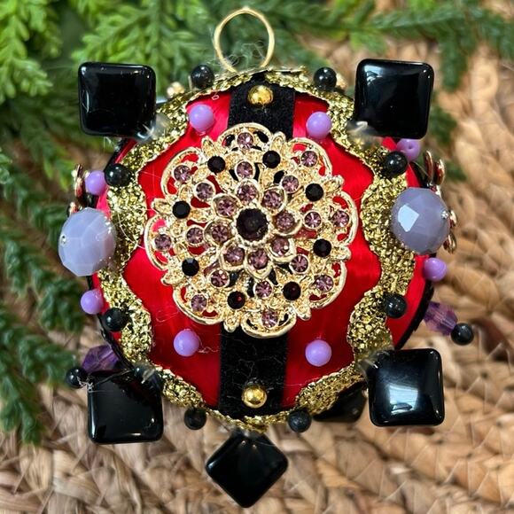 Beaded Push Pin Satin Thread Ball Christmas Ornament Mid Century Vintage Style - Picture 1 of 8
